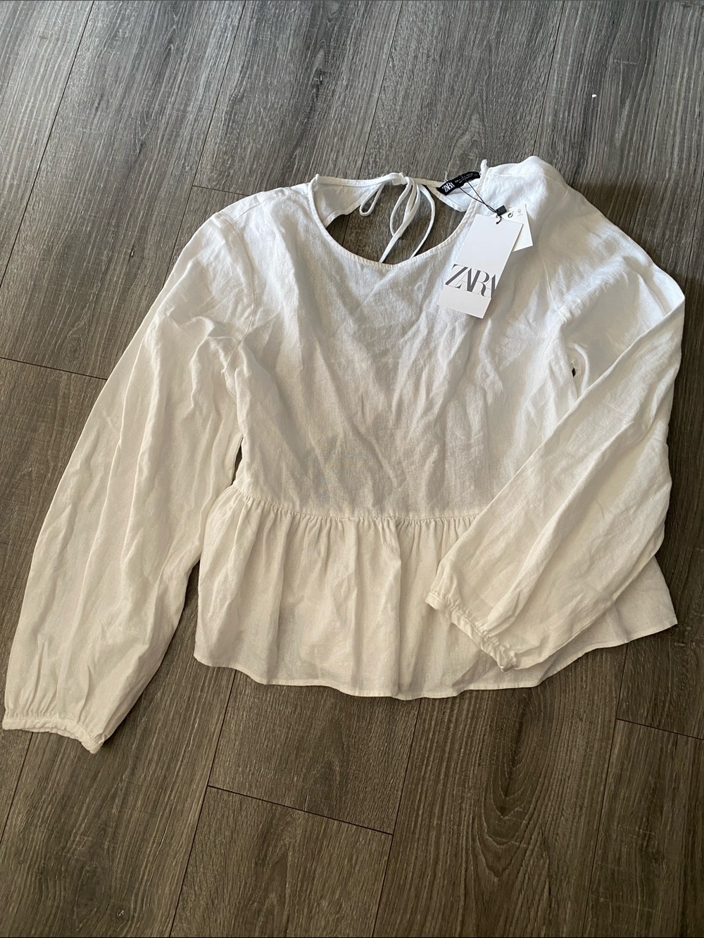 Zara White Long-Sleeve Linen Peplum Open Back Tie-Back Blouse